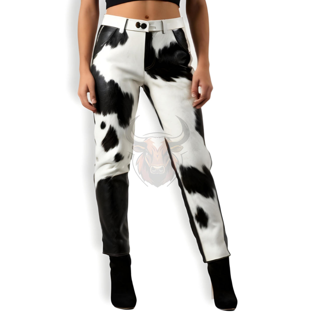 Genuine Cowhide Women’s Leather Pants | Handmade Black White Rodeo High Waist Western Trousers
