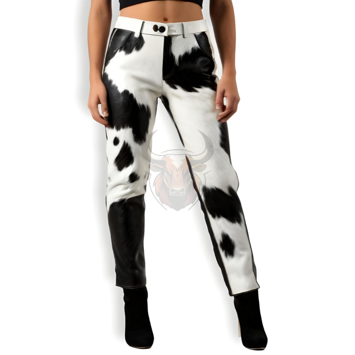 Genuine Cowhide Women’s Leather Pants | Handmade Black White Rodeo High Waist Western Trousers