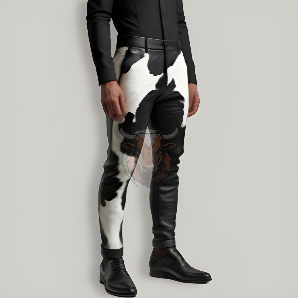 Genuine Cowhide Men’s Leather Pants | Handmade Black & White Hair-on Biker Trousers Party Wear