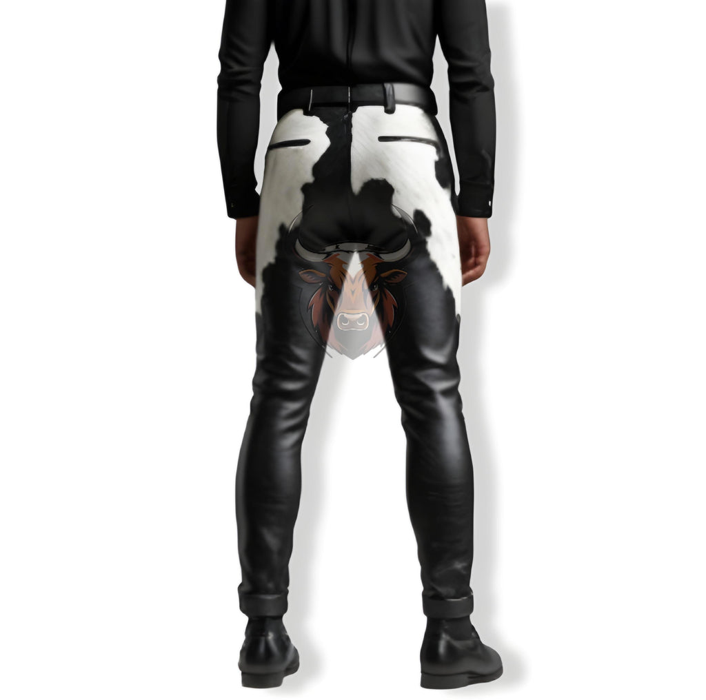 Genuine Cowhide Men’s Leather Pants | Handmade Black & White Hair-on Biker Trousers Party Wear