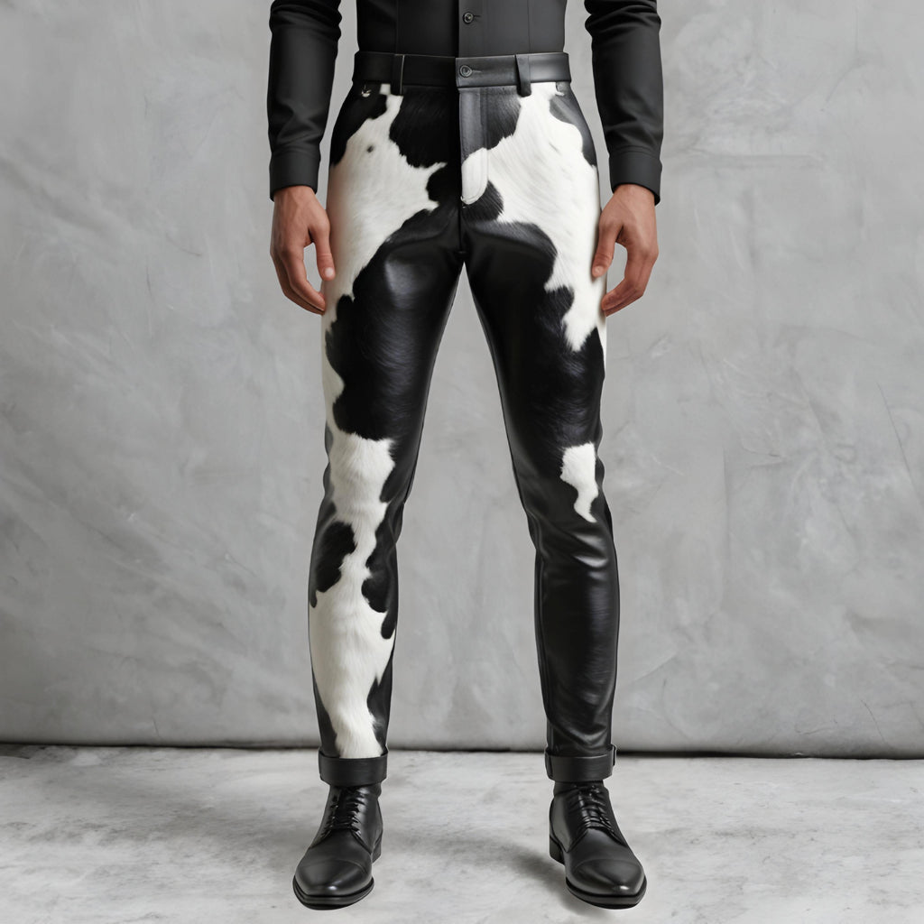 Genuine Cowhide Men’s Leather Pants | Handmade Black & White Hair-on Biker Trousers Party Wear