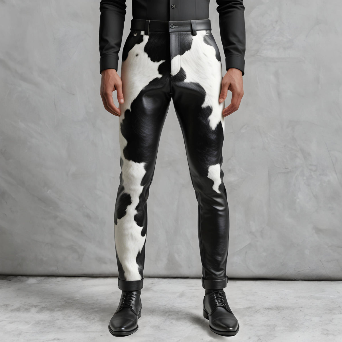 Genuine Cowhide Men’s Leather Pants | Handmade Black & White Hair-on Biker Trousers Party Wear