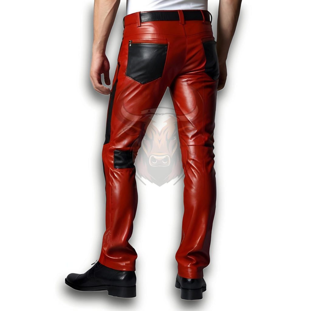 Men’s Genuine Cow Leather Pants Red Gothic Steampunk Trousers Skinny Real Custom Size