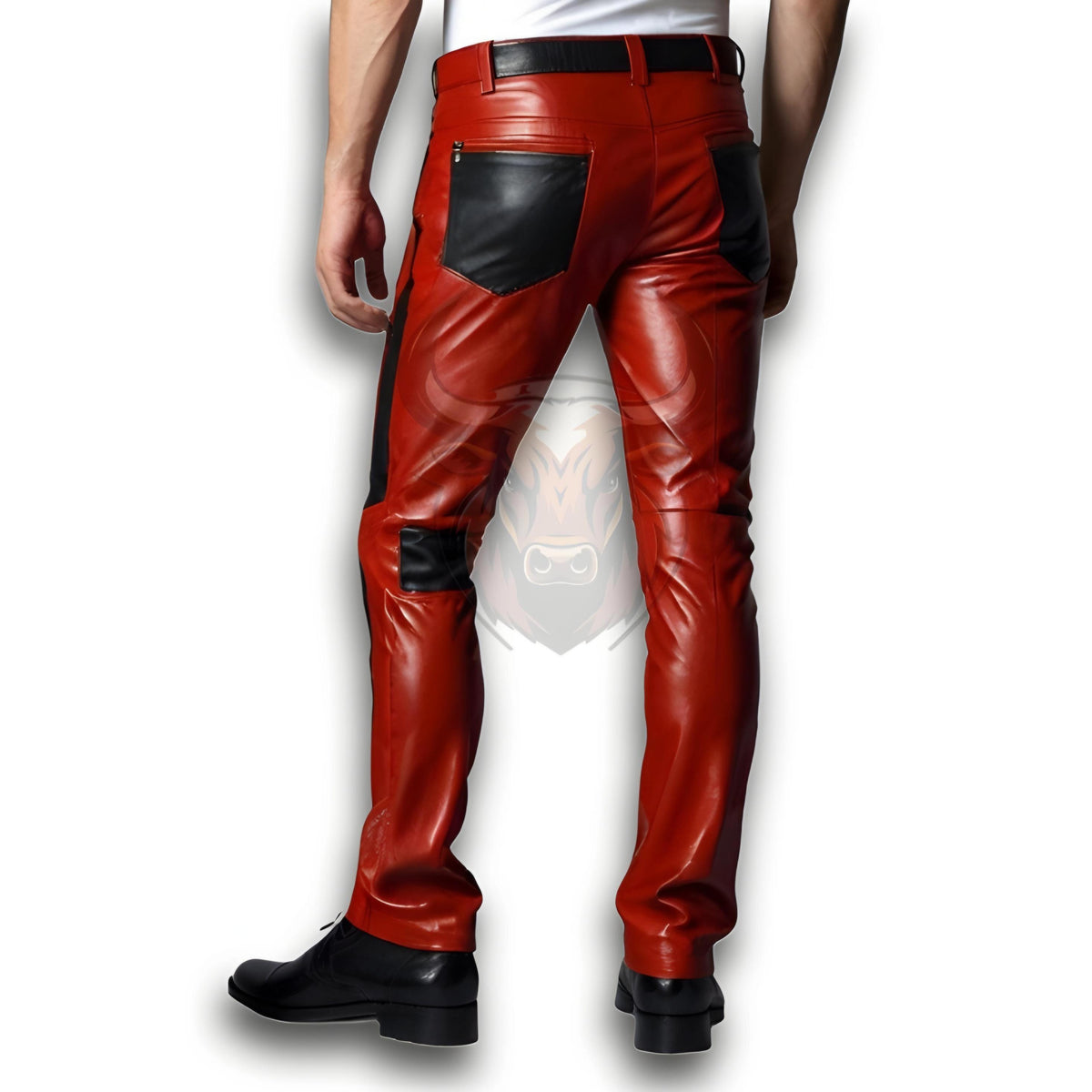 Men’s Genuine Cow Leather Pants Red Gothic Steampunk Trousers Skinny Real Custom Size
