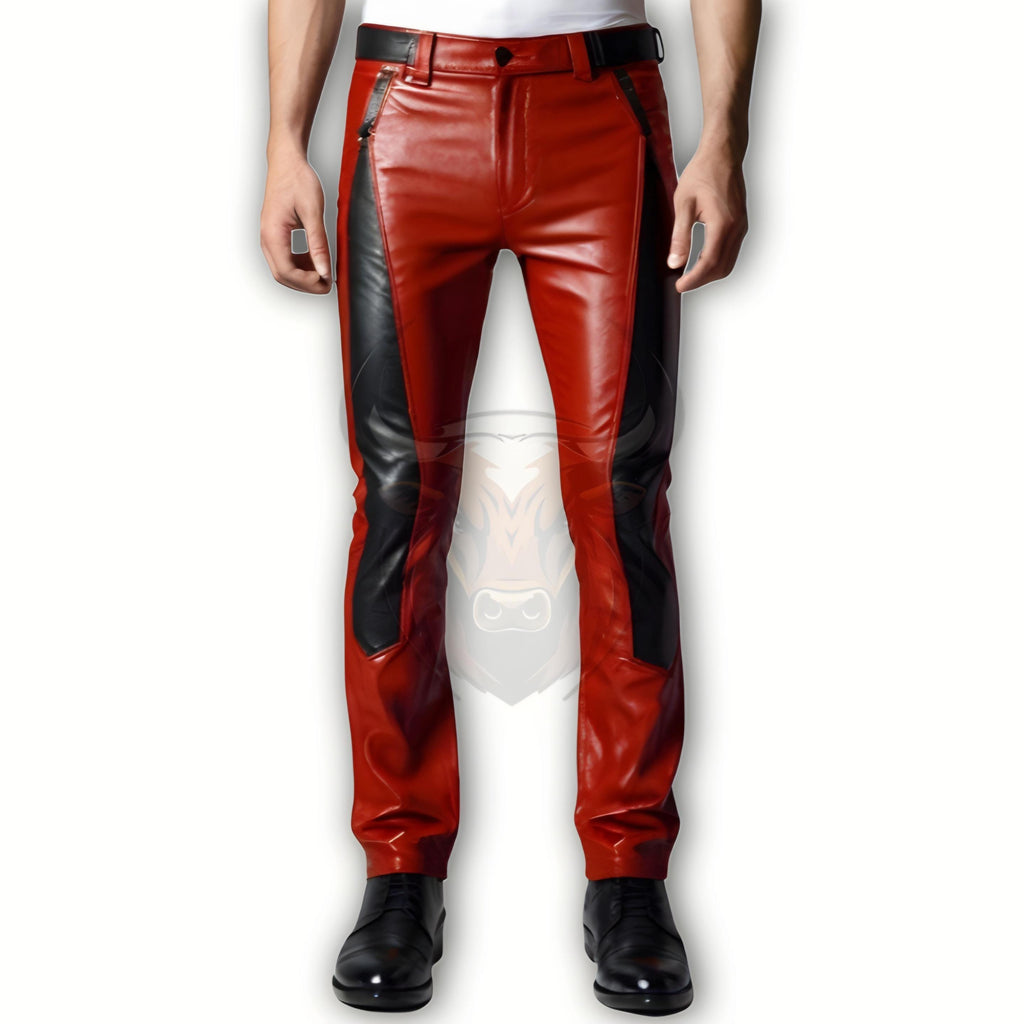 Men’s Genuine Cow Leather Pants Red Gothic Steampunk Trousers Skinny Real Custom Size