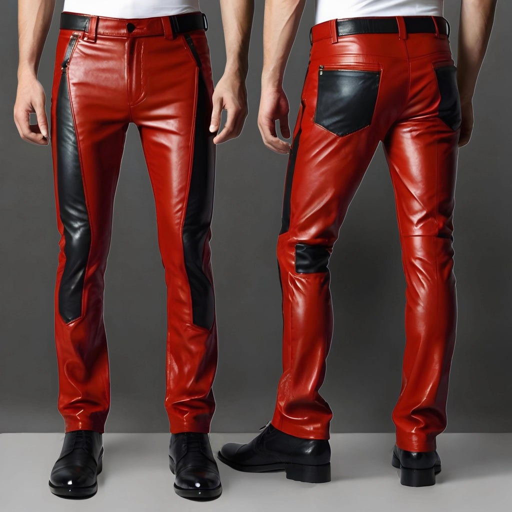 Men’s Genuine Cow Leather Pants Red Gothic Steampunk Trousers Skinny Real Custom Size