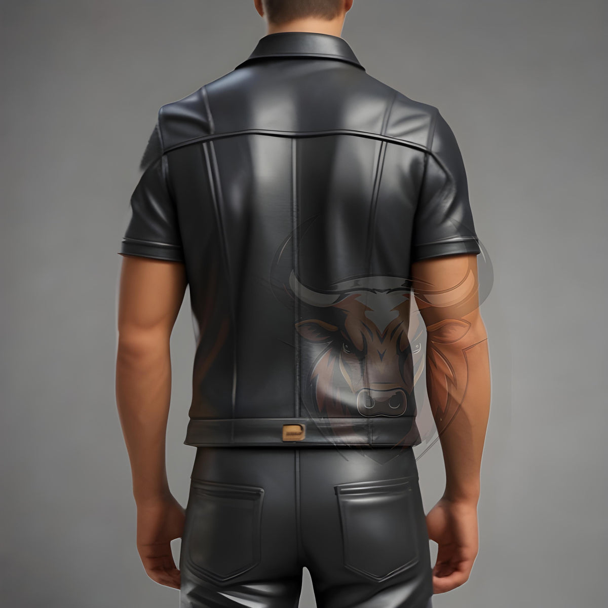 Men’s Black Leather Short-Sleeve Shirt | Genuine Sheep Leather Biker Outfit | Gold Accent Jacket