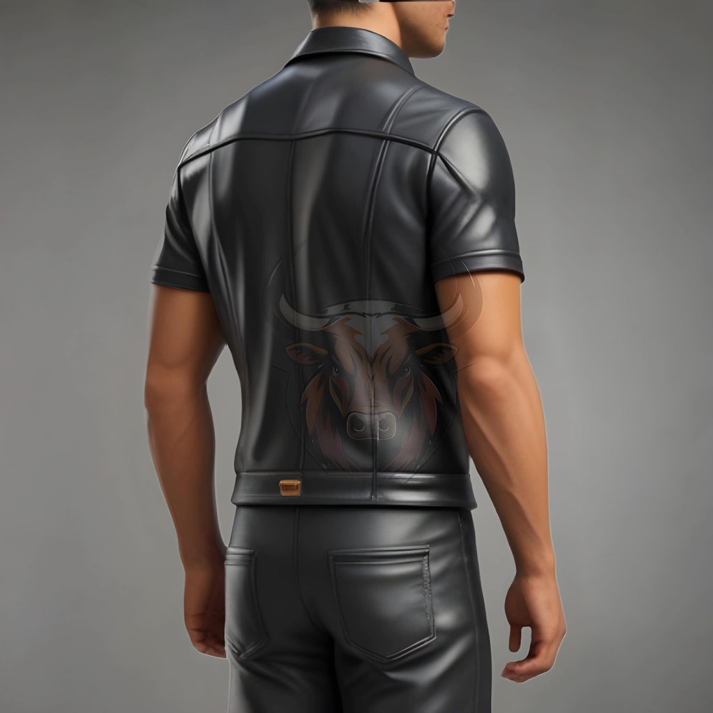Men’s Black Leather Short-Sleeve Shirt | Genuine Sheep Leather Biker Outfit | Gold Accent Jacket