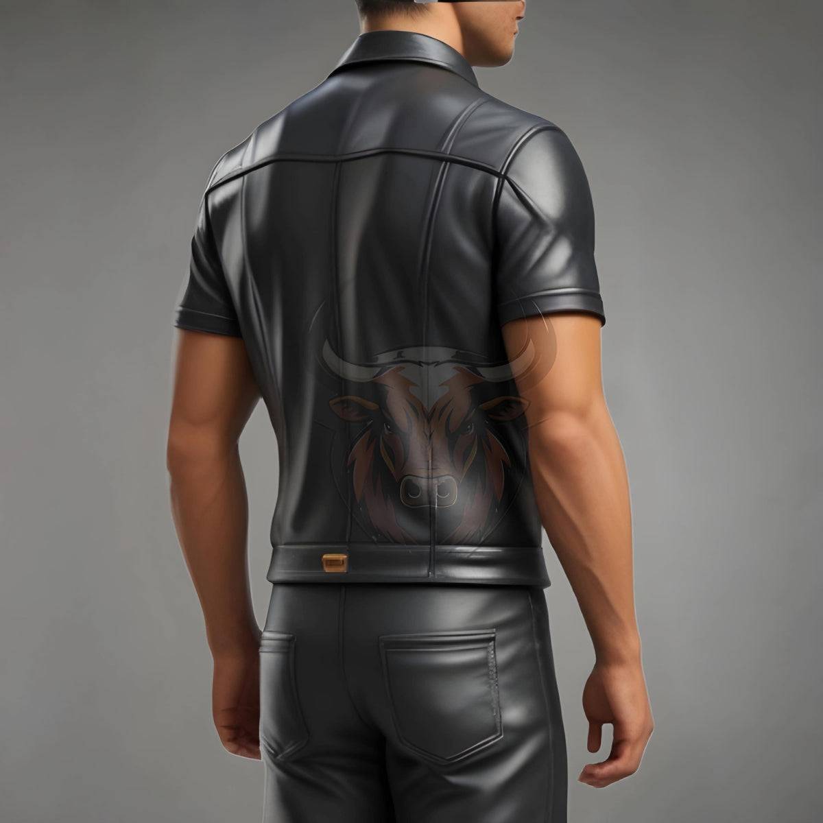Men’s Black Leather Short-Sleeve Shirt | Genuine Sheep Leather Biker Outfit | Gold Accent Jacket