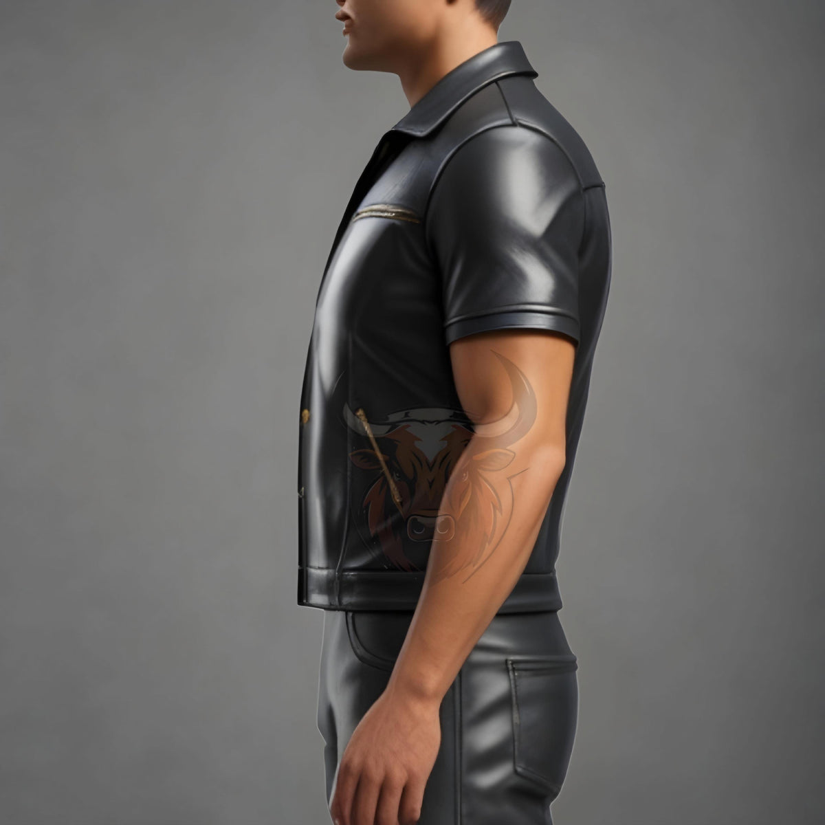 Men’s Black Leather Short-Sleeve Shirt | Genuine Sheep Leather Biker Outfit | Gold Accent Jacket