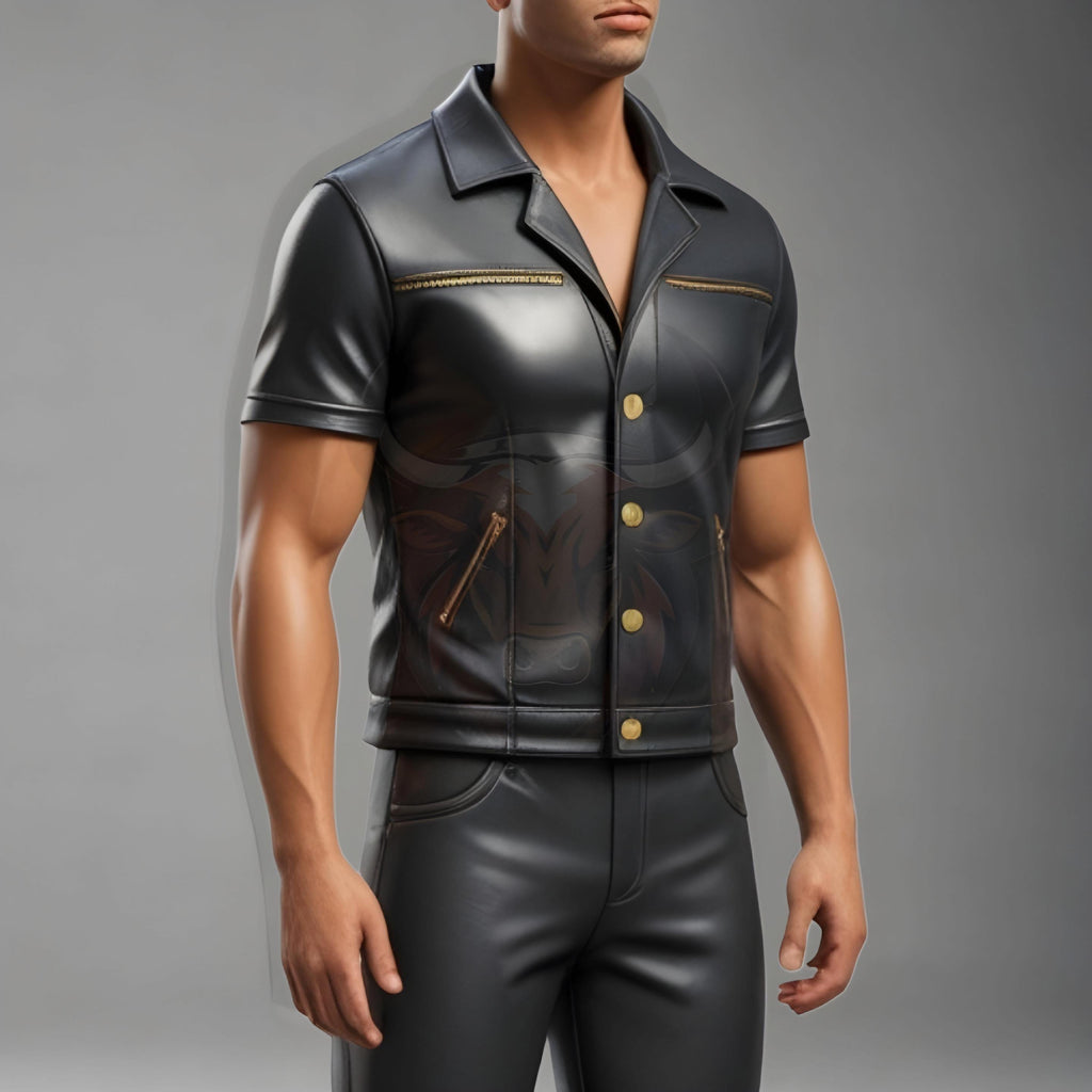 Men’s Black Leather Short-Sleeve Shirt | Genuine Sheep Leather Biker Outfit | Gold Accent Jacket
