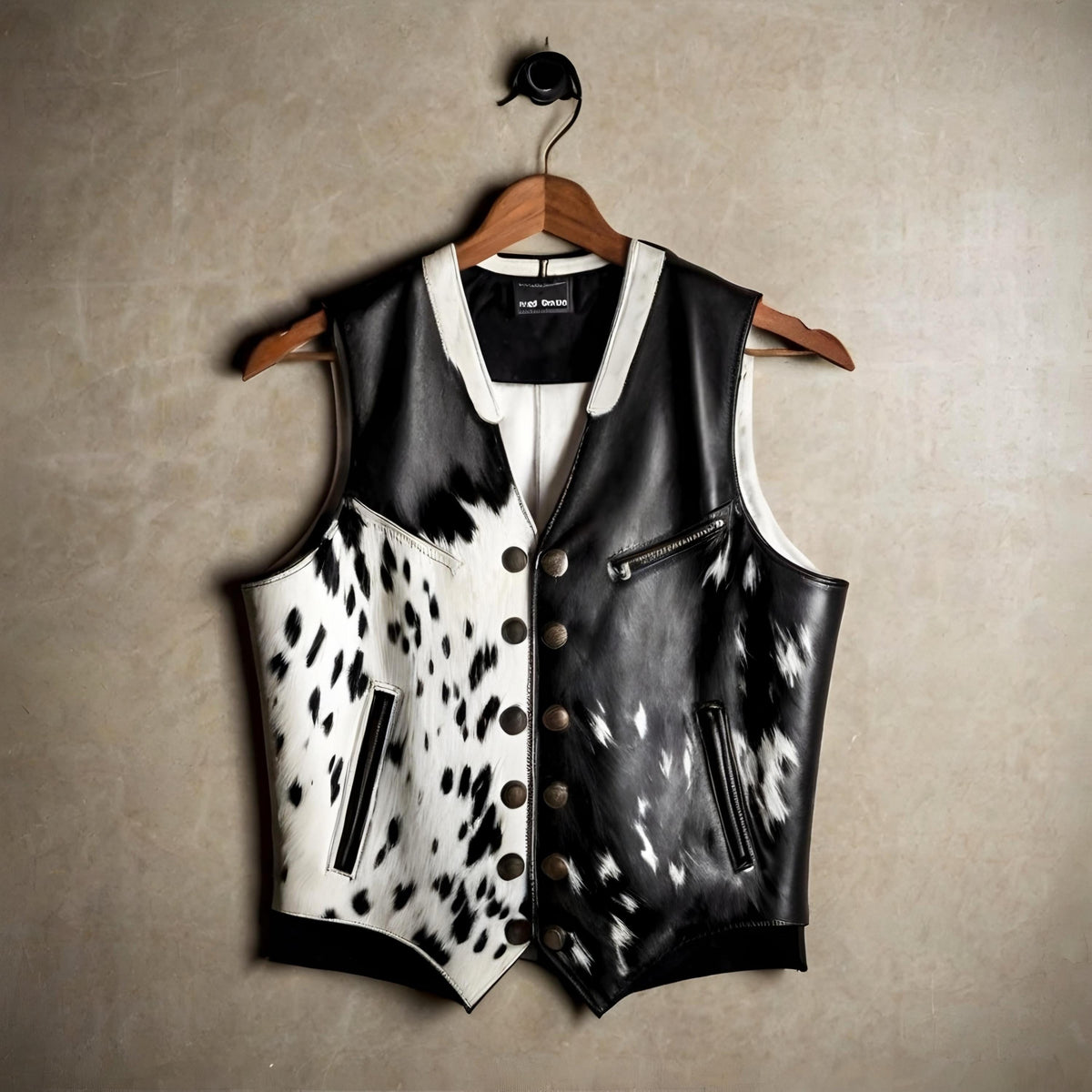 Handmade Cowhide Leather Vest Black White Western Cowboy Biker Rodeo Rancher Country Concert Outfit
