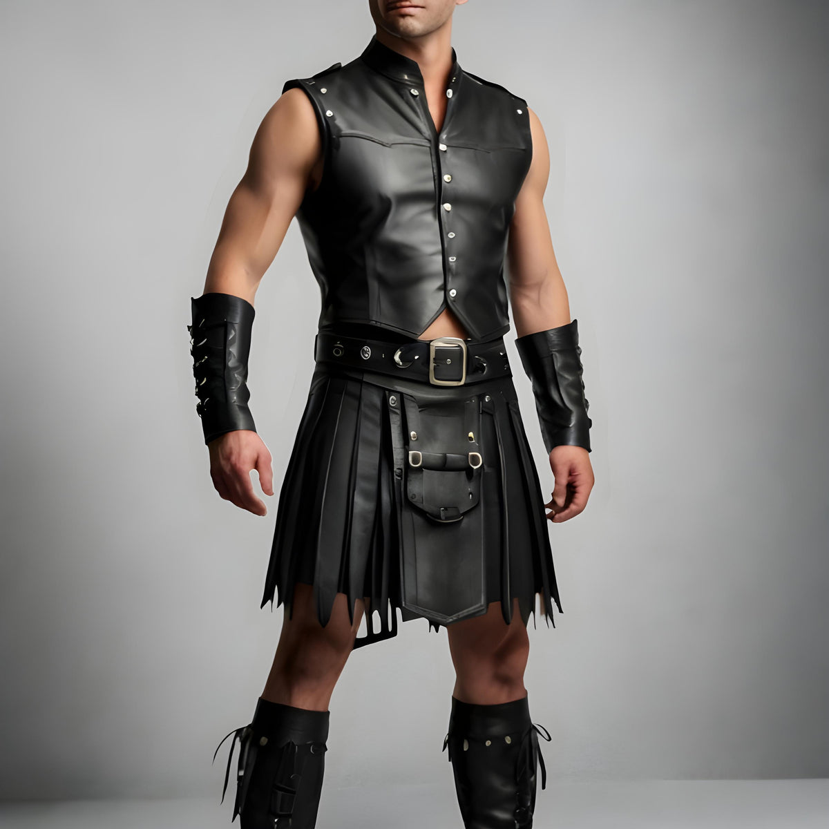 Men’s Black Leather Kilt & Vest Set Gothic Warrior Steampunk Biker Festival Cosplay Outfit