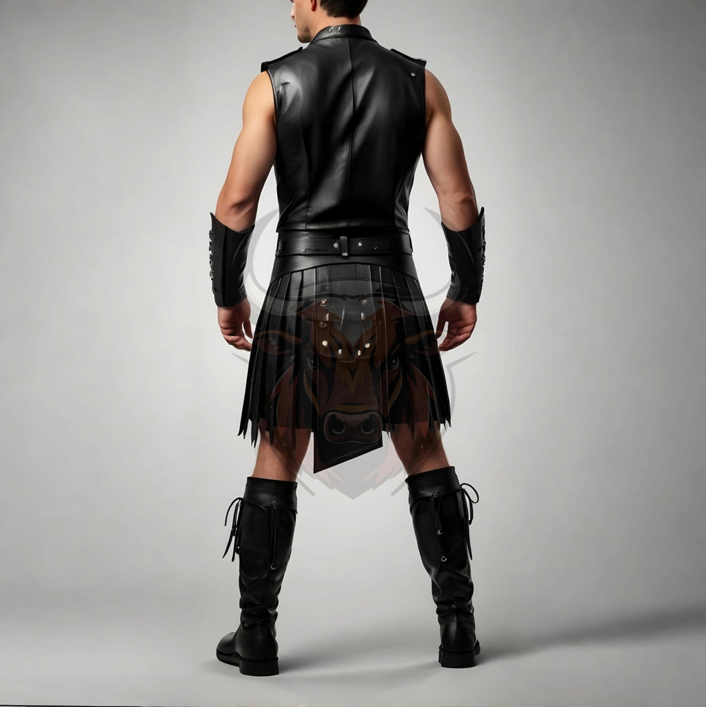 Men’s Black Leather Kilt & Vest Set Gothic Warrior Steampunk Biker Festival Cosplay Outfit