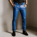 Handmade Men’s Blue Leather Pants | Genuine Slim Fit Biker Trousers | Gothic Steampunk Jeans