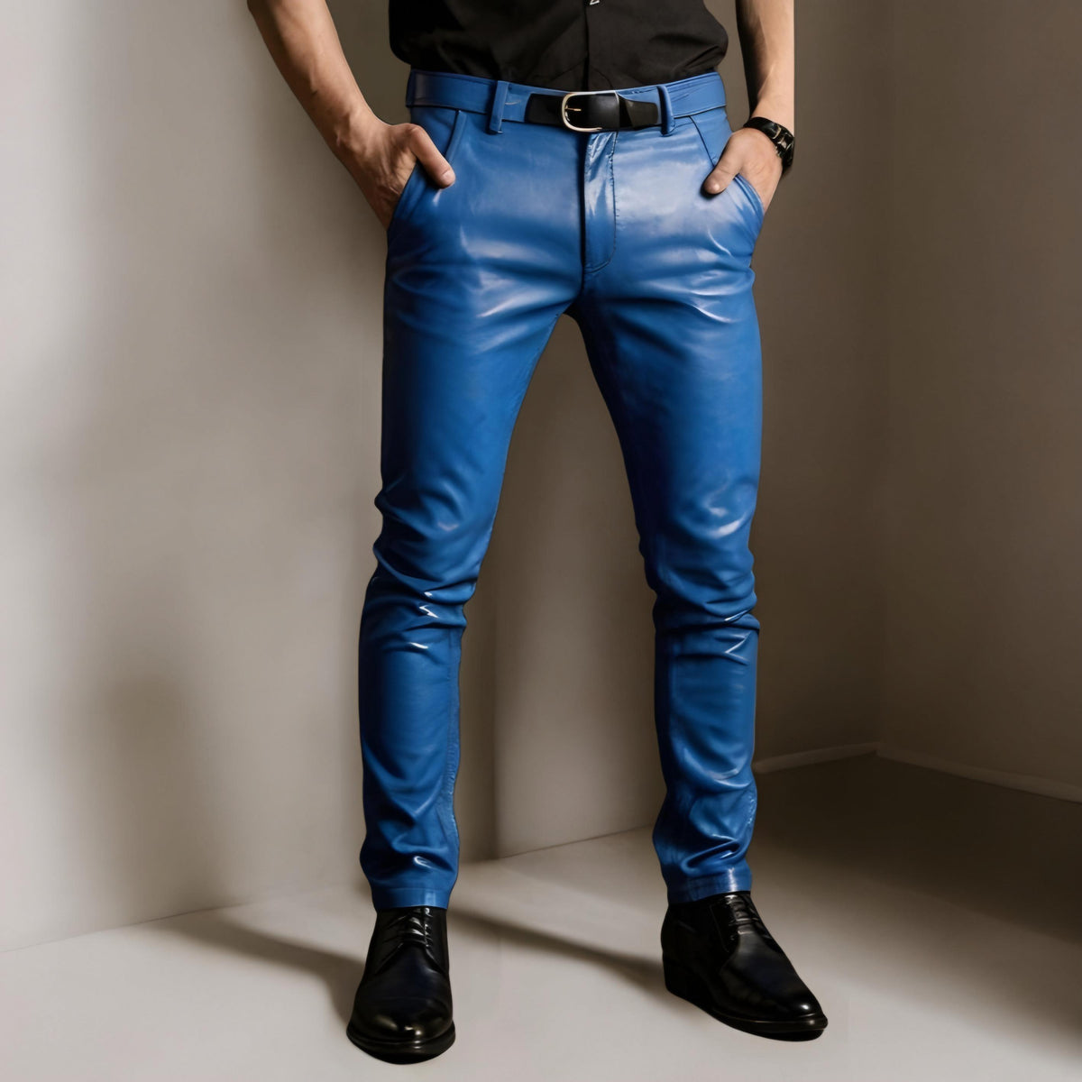 Handmade Men’s Blue Leather Pants | Genuine Slim Fit Biker Trousers | Gothic Steampunk Jeans