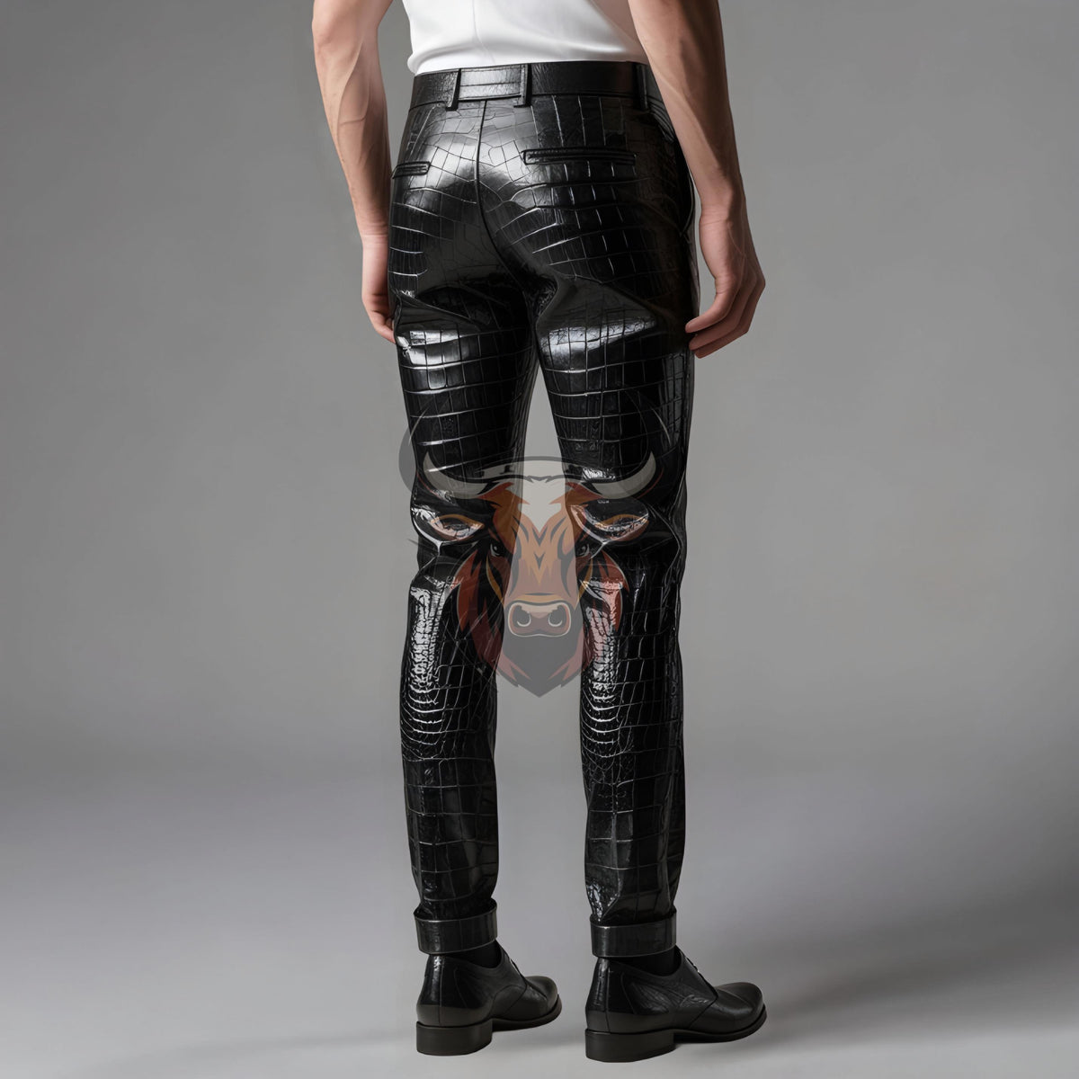Men’s Black Crocodile Leather Pants | Slim Fit Handmade Genuine Designer Trousers | Gothic Biker