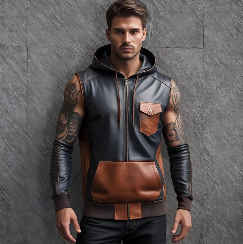 Men’s Sleeveless Leather Hoodie Vest Black Brown Biker Zip-Up Handmade Gothic Streetwear Muscle Fit