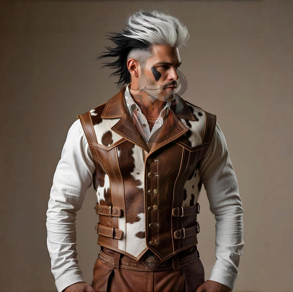 Men’s Genuine Cowhide Leather Vest | Handmade Western Cowboy Waistcoat | Rustic Rodeo Biker Gift
