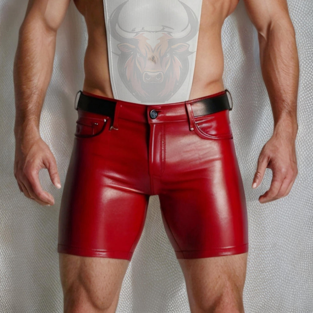 Men’s Red Leather Shorts | Handmade Genuine Sheep Leather Clubwear | Rave Festival Fetish Outfit