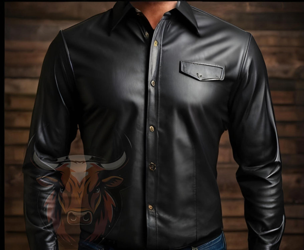 Men’s Black Leather Shirt | Genuine Handmade Button-Up | Slim Fit Biker Western Rocker Style