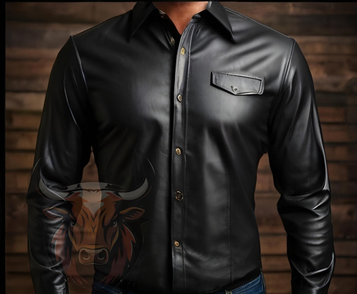Men’s Black Leather Shirt | Genuine Handmade Button-Up | Slim Fit Biker Western Rocker Style