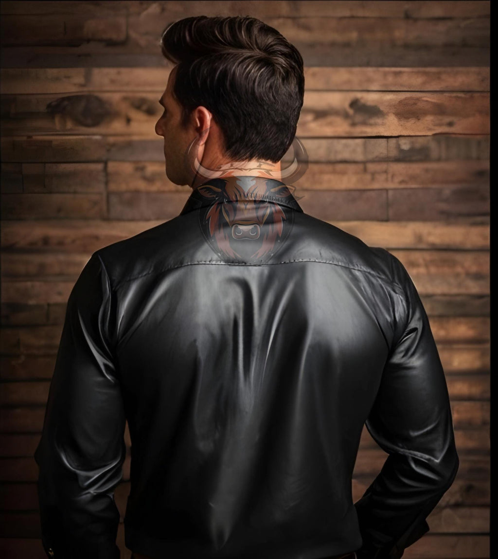 Men’s Black Leather Shirt | Genuine Handmade Button-Up | Slim Fit Biker Western Rocker Style