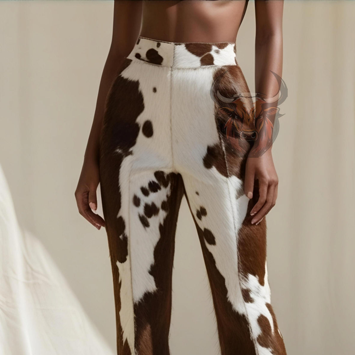 Cowhide Hair-on Ladies Leather Pants | Handmade Western Wear | Genuine White Brown Fur Bell Bottoms