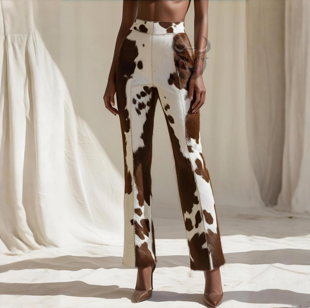 Cowhide Hair-on Ladies Leather Pants | Handmade Western Wear | Genuine White Brown Fur Bell Bottoms