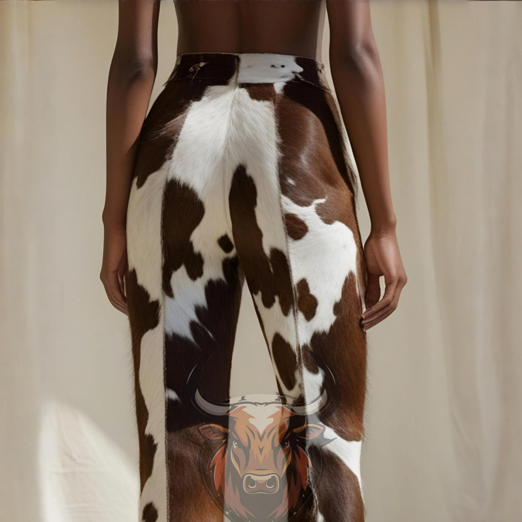 Cowhide Hair-on Ladies Leather Pants | Handmade Western Wear | Genuine White Brown Fur Bell Bottoms
