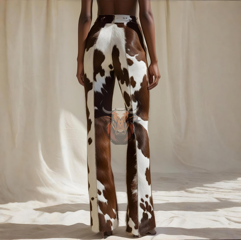 Cowhide Hair-on Ladies Leather Pants | Handmade Western Wear | Genuine White Brown Fur Bell Bottoms