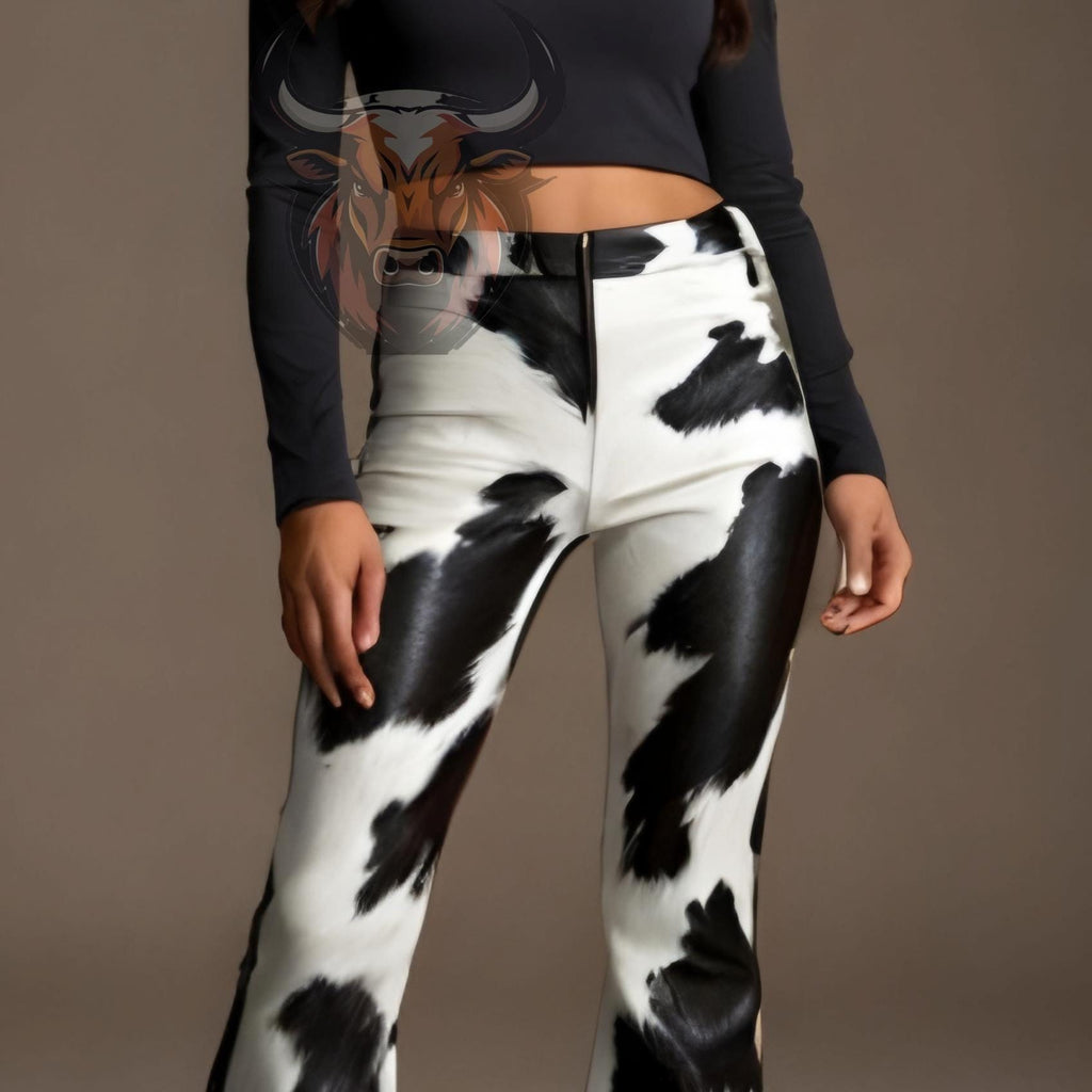 Cowhide Leather Bell Bottom Pants | Hair-On Hide Western Flared Trousers | Women Rodeo Ranch Wear