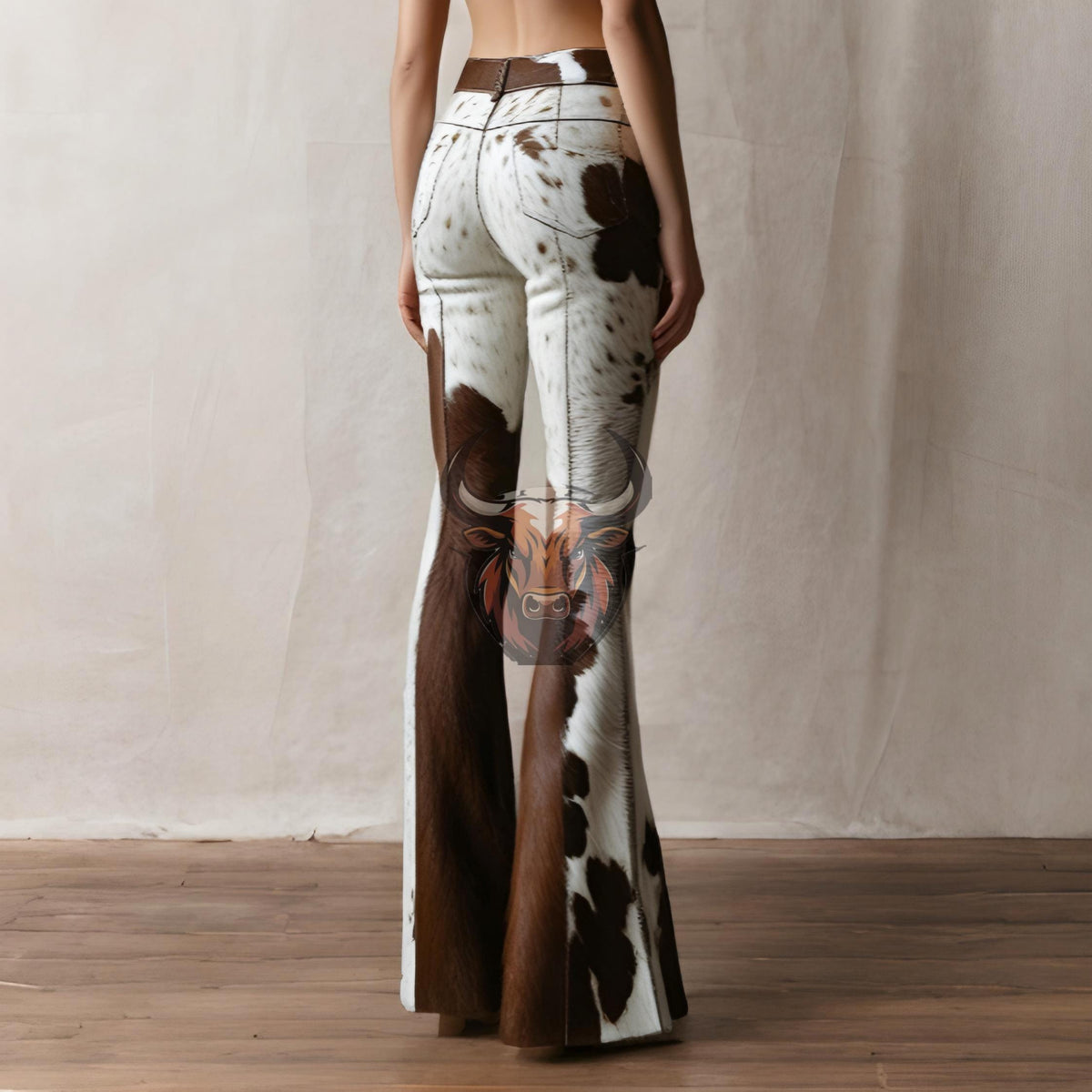 Cowhide Hair-On Leather Pants | Women’s Western Bell Bottoms | Handmade Brown White Flared Trousers