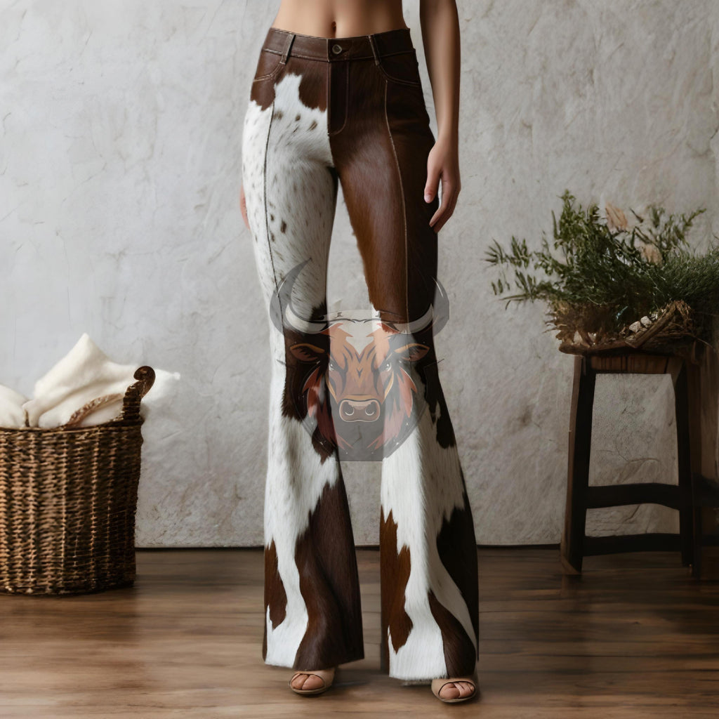 Cowhide Hair-On Leather Pants | Women’s Western Bell Bottoms | Handmade Brown White Flared Trousers