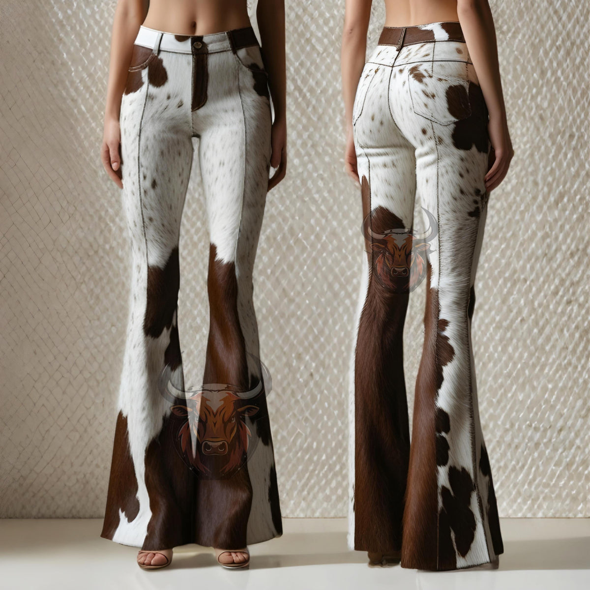 Cowhide Hair-On Leather Pants | Women’s Western Bell Bottoms | Handmade Brown White Flared Trousers