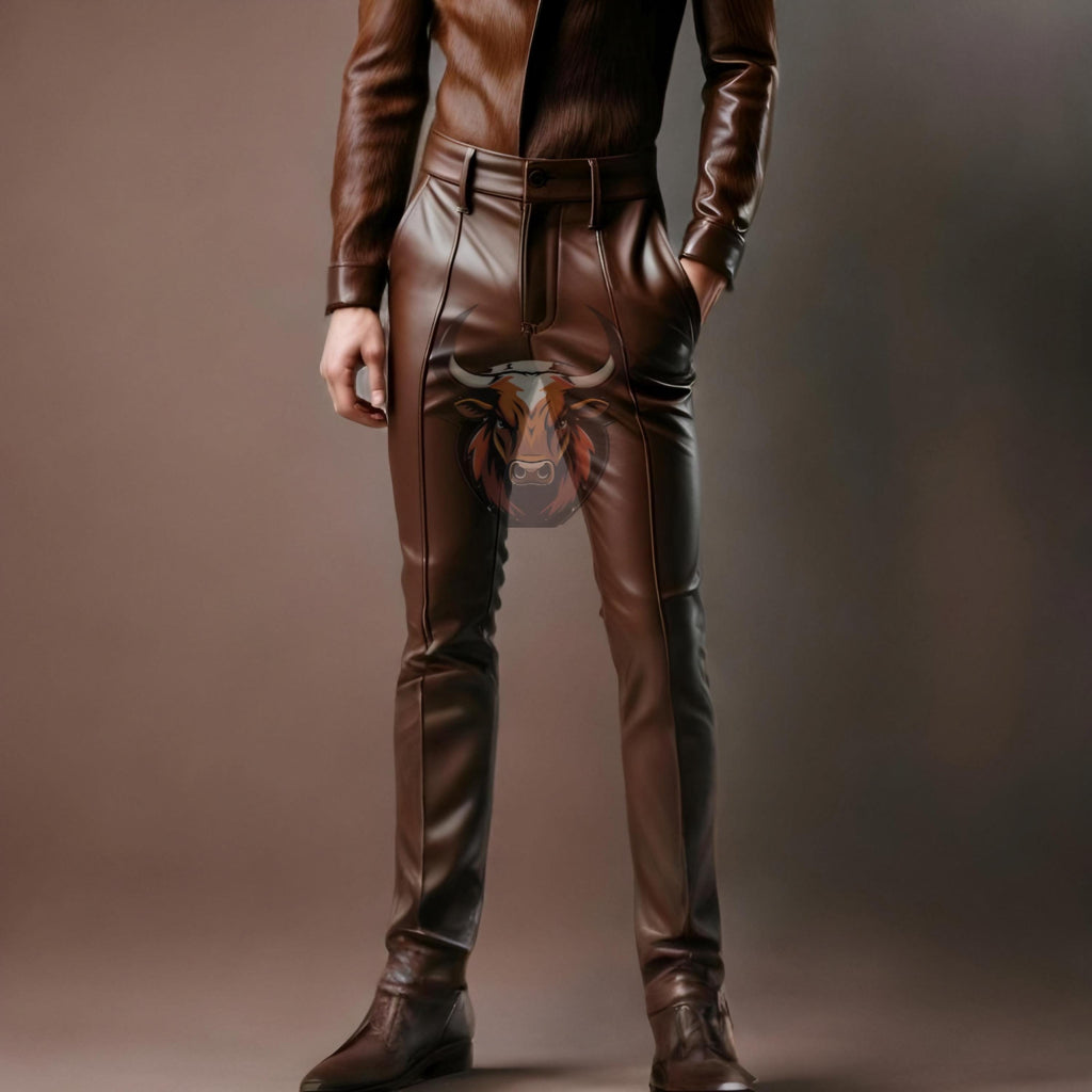 Brown Cowhide Leather Shirt & Pants Set | Men’s Western Biker Outfit | Handmade Suit