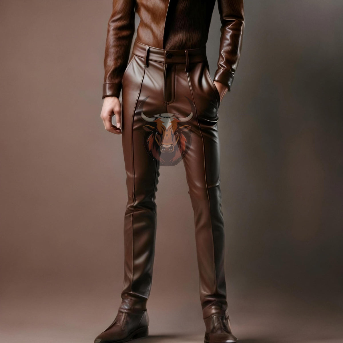 Brown Cowhide Leather Shirt & Pants Set | Men’s Western Biker Outfit | Handmade Suit