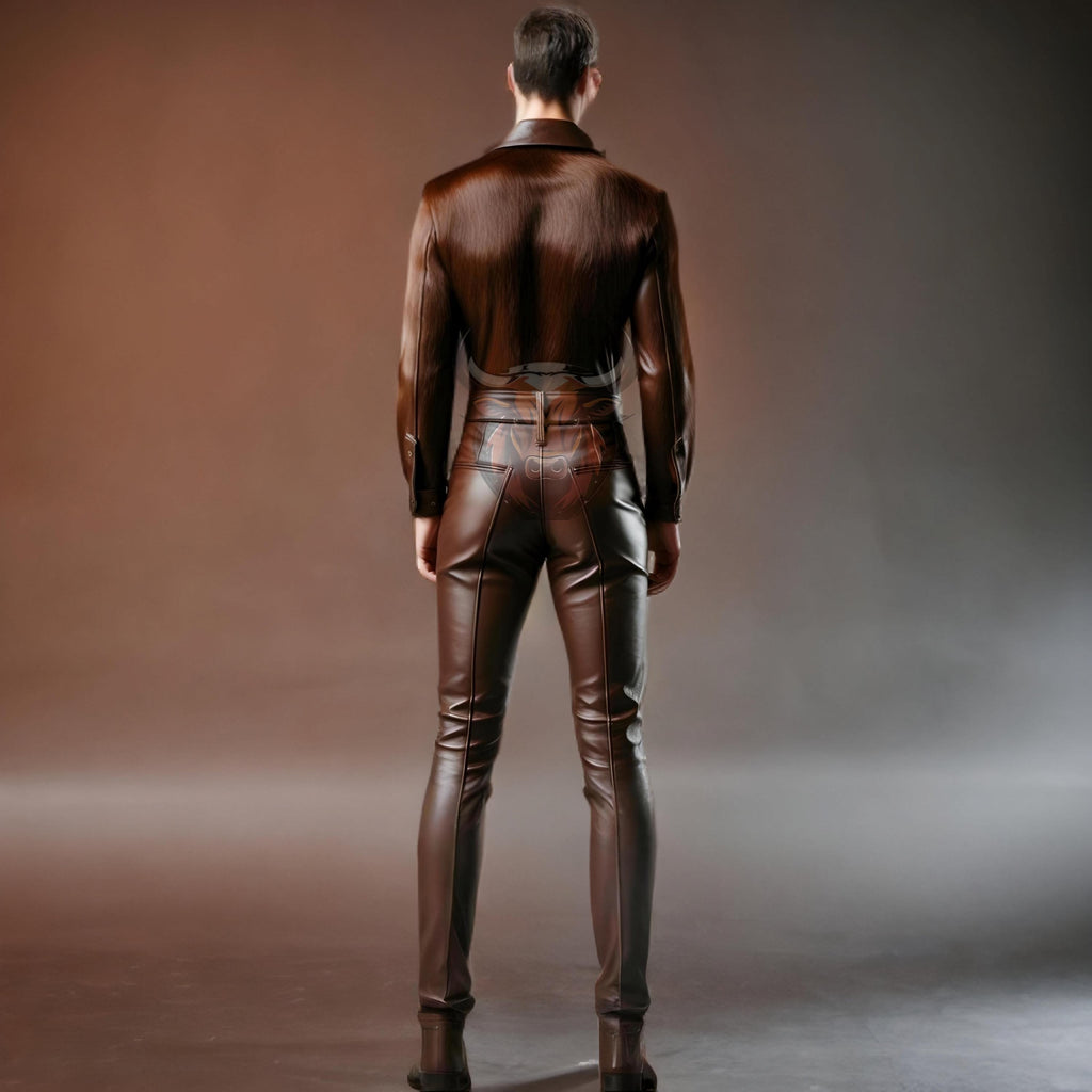 Brown Cowhide Leather Shirt & Pants Set | Men’s Western Biker Outfit | Handmade Suit