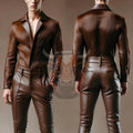 Brown Cowhide Leather Shirt & Pants Set | Men’s Western Biker Outfit | Handmade Suit