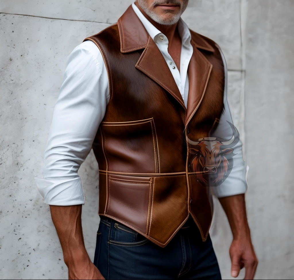 Men’s Genuine Cowhide Leather Vest | Handmade Western Cowboy Waistcoat | Vintage Rustic Biker Rodeo Vest