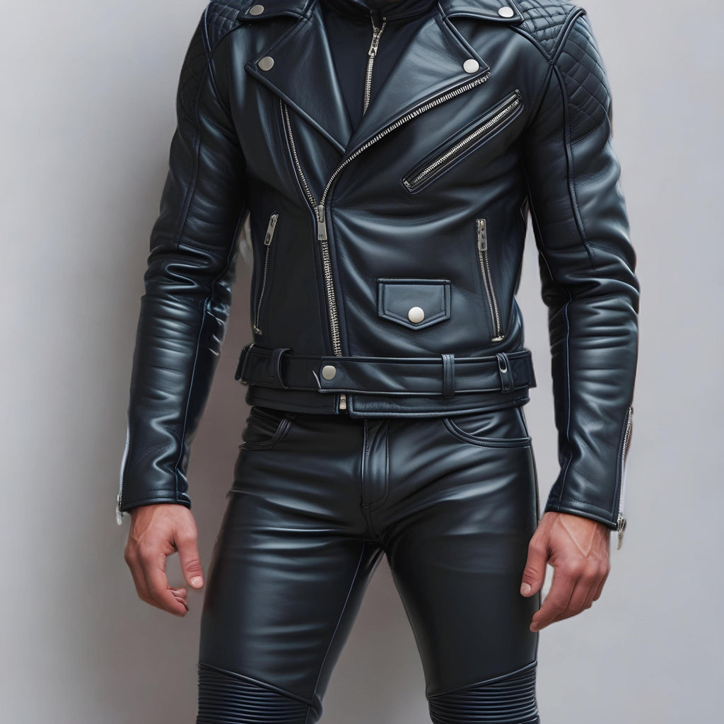 Men’s Black Leather Biker Jacket & Pants Set | Handmade Genuine Motorcycle Suit Outfit
