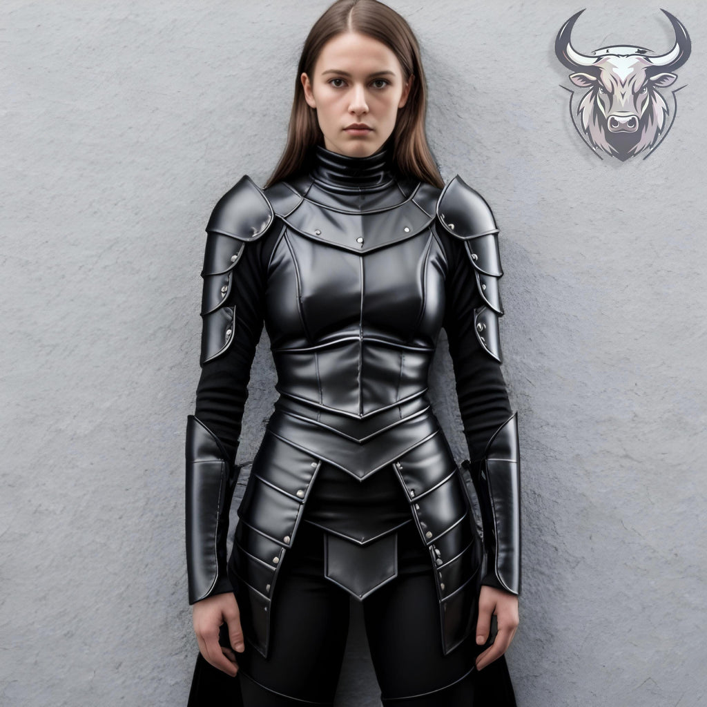 Women’s Black Leather Armor Set | Handmade Gothic Medieval Cosplay Outfit | LARP Warrior Costume