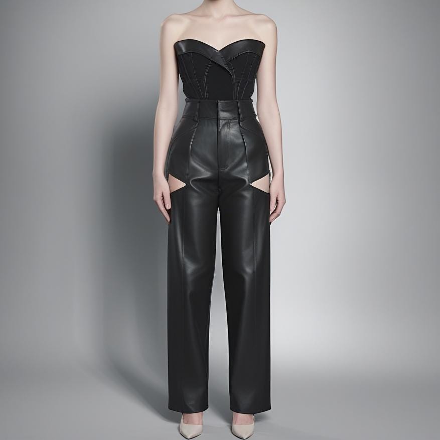 Women’s Black Leather Cut-Out Pants | High-Waisted Wide-Leg Chaps Trousers Clubwear Festival