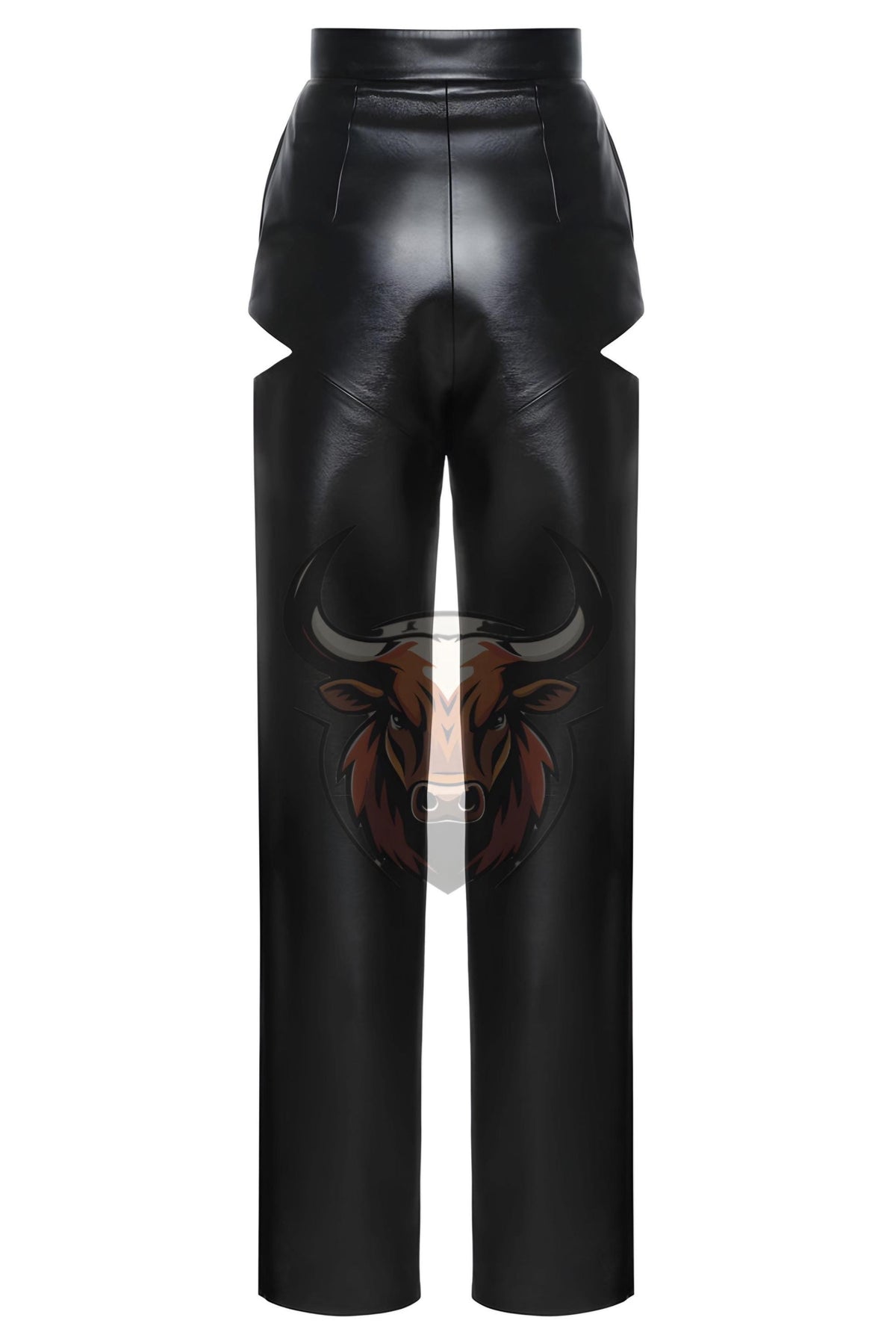 Women’s Black Leather Cut-Out Pants | High-Waisted Wide-Leg Chaps Trousers Clubwear Festival