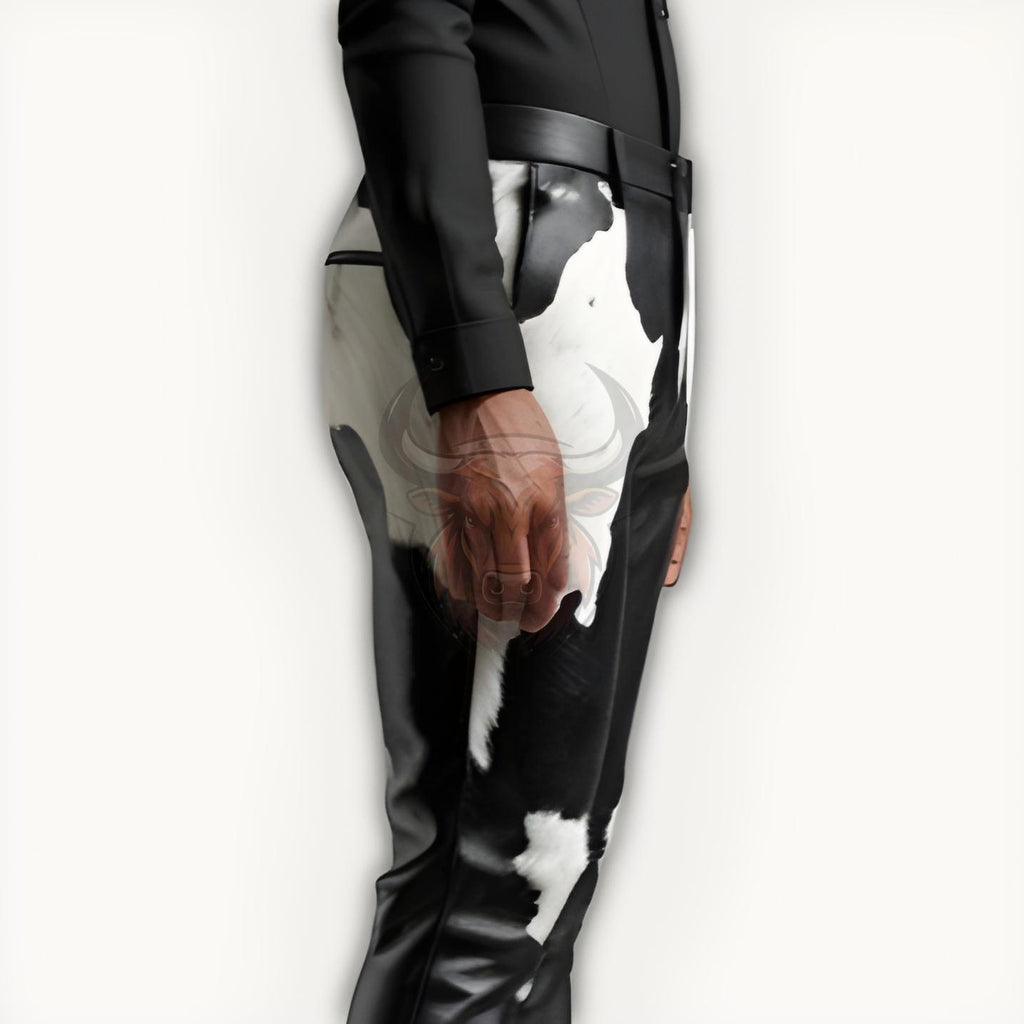Genuine Cowhide Men’s Leather Pants | Handmade Black & White Hair-on Biker Trousers Party Wear