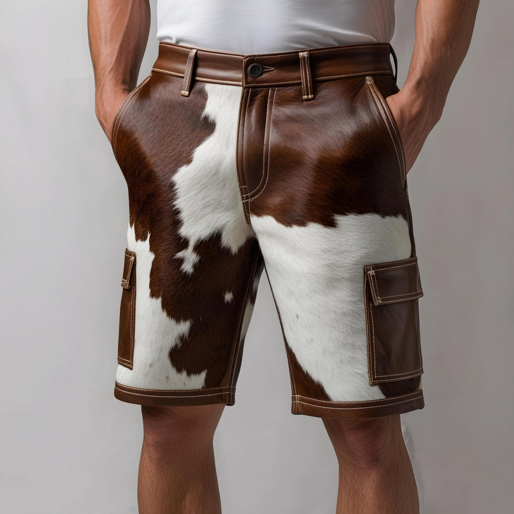 Genuine Cowhide Leather Shorts Brown White Hair On Stylish Mens Summer Booty Western Wear