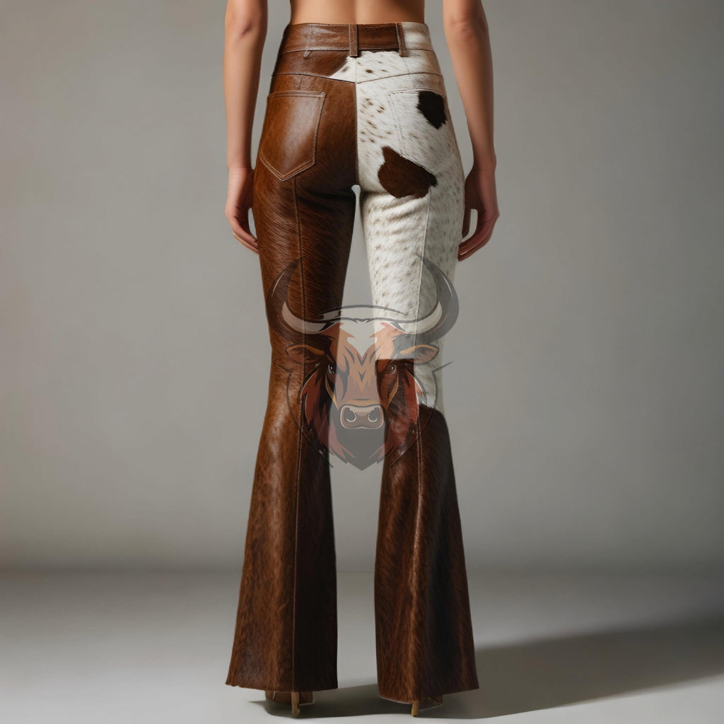 Handmade Cowhide Leather Flare Pants | Brown White Patchwork Bell Bottoms | Western Rodeo Style