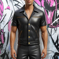 Men’s Black Leather Short-Sleeve Shirt | Genuine Sheep Leather Biker Outfit | Gold Accent Jacket