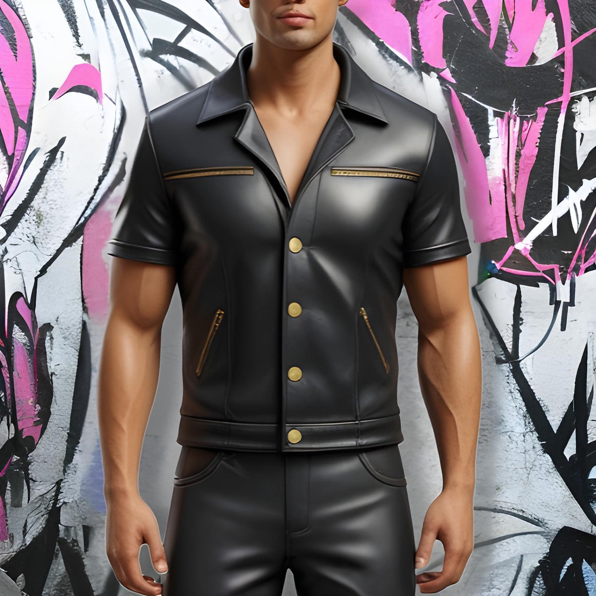 Men’s Black Leather Short-Sleeve Shirt | Genuine Sheep Leather Biker Outfit | Gold Accent Jacket