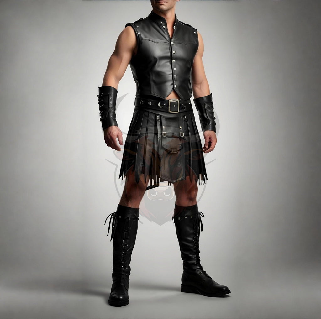 Men’s Black Leather Kilt & Vest Set Gothic Warrior Steampunk Biker Festival Cosplay Outfit